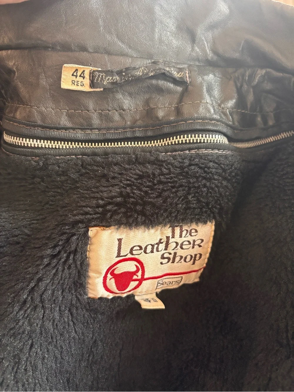Vintage Sears The Leather Shop Black Leather Jacket Sherpa Lined Sz 44R Zip Moto